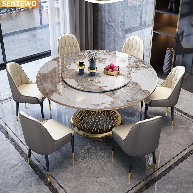 Дизайнерский Роскошный круглый обеденный стол из мраморной плиты, обеденный стол на 4 6 стульев, мебель mesas comedor, нержавеющая сталь, золотое основание