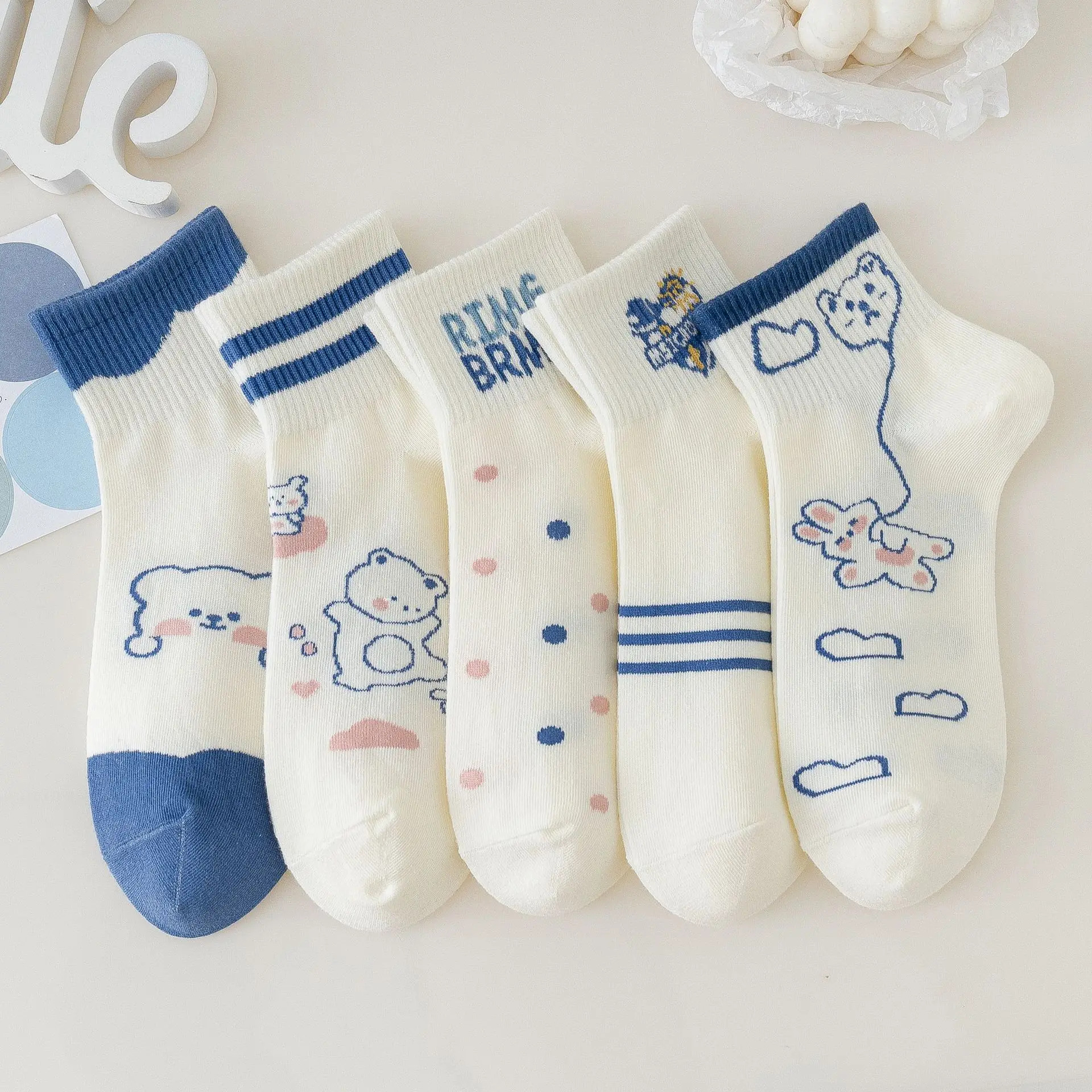 Весенне-летние белые носки-лодочки, короткие носки с японским мультяшным медведем, хлопковые дышащие женские носки