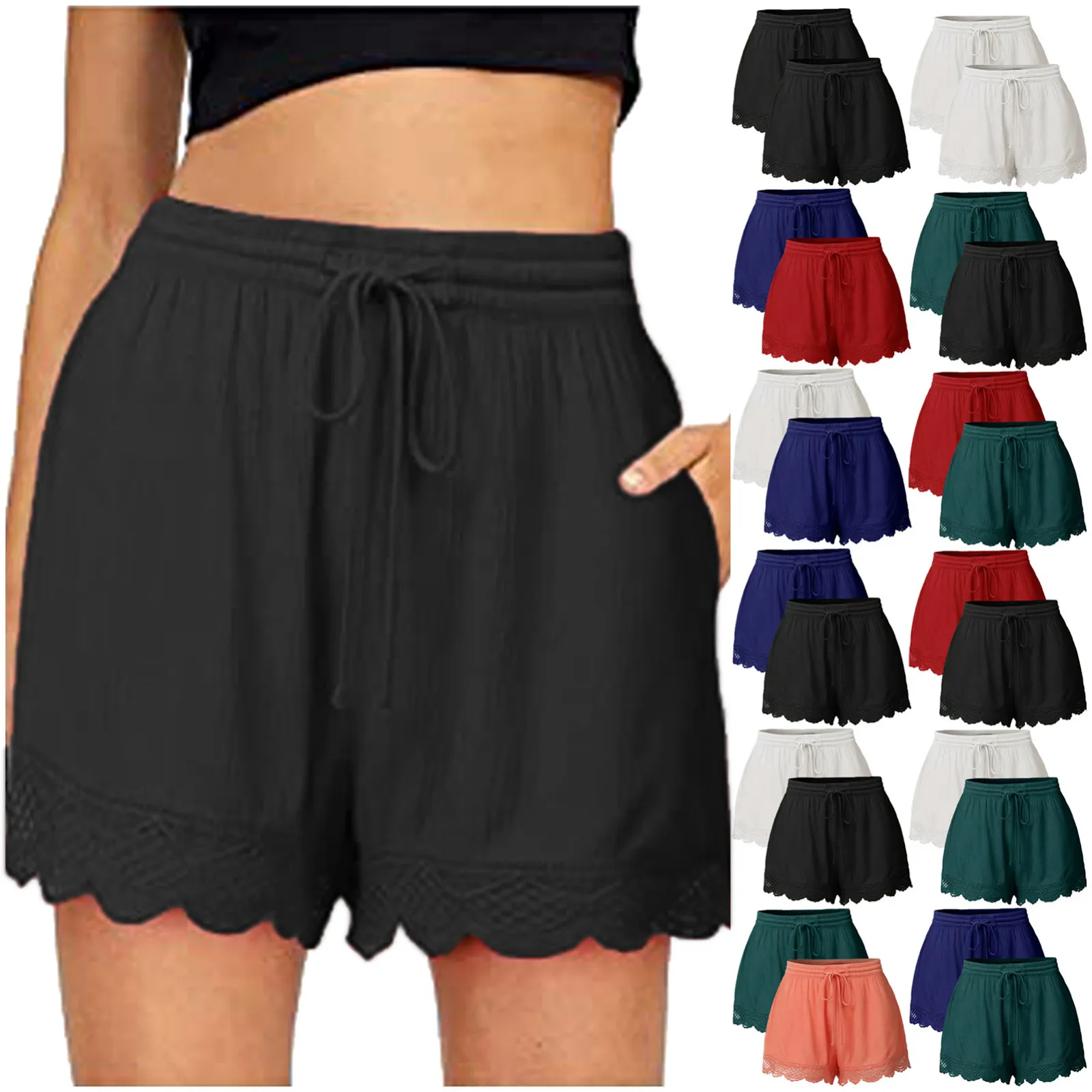 Женские кружевные шорты с завязками на веревке, 2 предмета, однотонные спортивные брюки, леггинсы, брюки, шорты для женщин, женские шорты