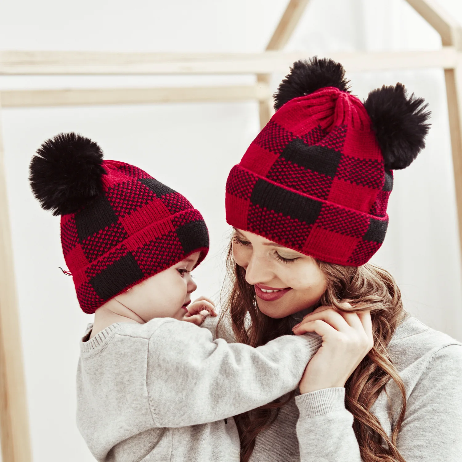 Шапка для маленьких девочек, Рождественская Клетчатая Шапочка-бини, Хлопчатобумажная Вязаная Зимняя Шерстяная теплая шапка для родителей и меня, детская шапка для родителей