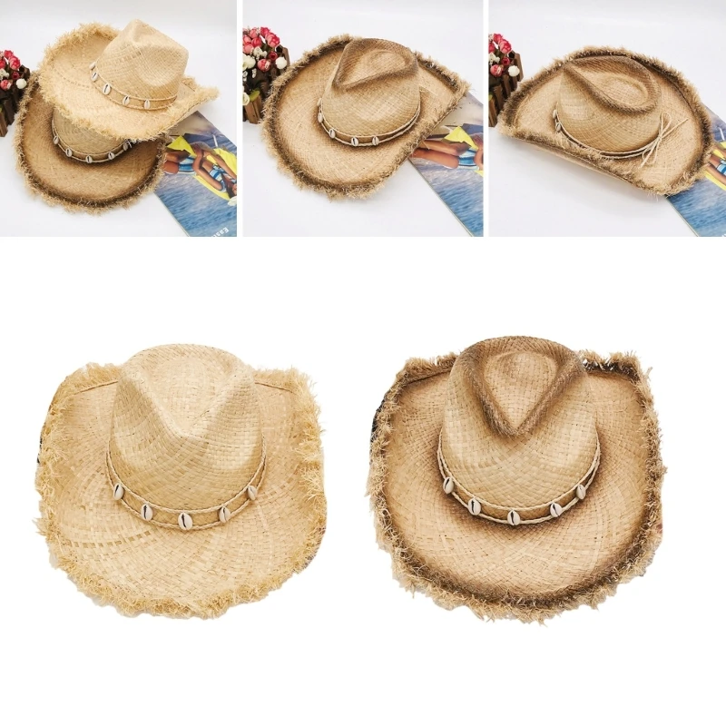 Винтажная соломенная шляпа для плетения, женская мужская ковбойская шляпа, солнцезащитная шляпа в этническом стиле, мужская приморская шляпа DXAA