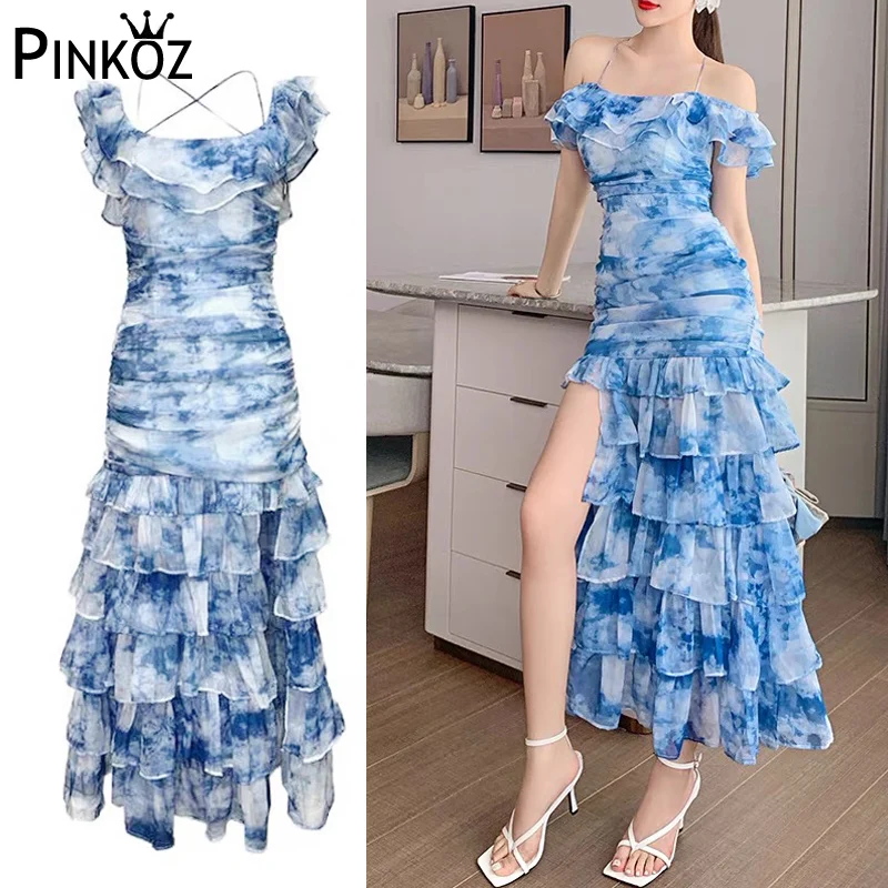 Pinkoz дизайнерское высококачественное платье макси с оборками и вырезом лодочкой, облегающее платье-макси, синяя роспись тушью, с открытой спиной, сексуальный праздничный халат, женская фестивальная ткань