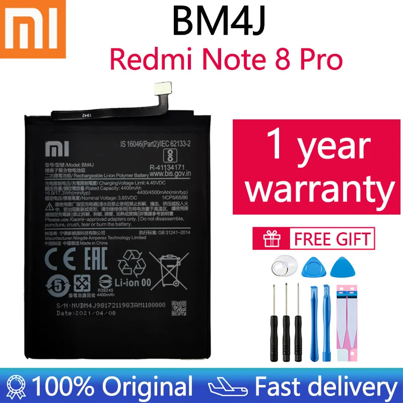 100% Оригинальный аккумулятор Xiao mi BM4J емкостью 4500 мАч для Xiaomi Redmi Note 8 Pro, высококачественные сменные батареи для телефона