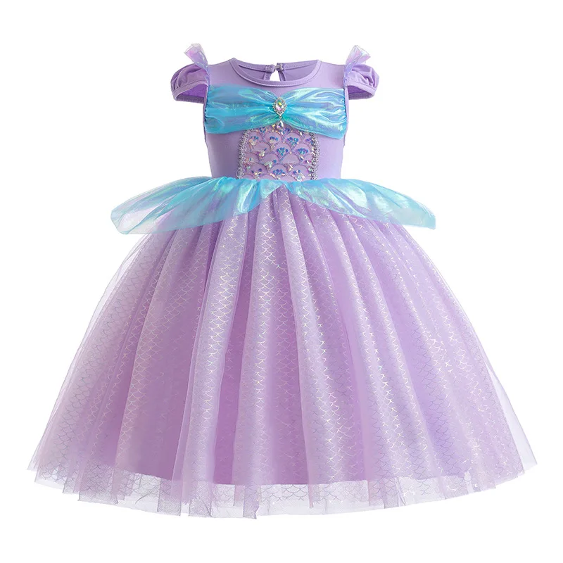 Летняя юбка с рисунком рыбьей чешуи для девочек, фиолетово-синий рукав с пузырями, юбка принцессы-русалки, размер 100-140