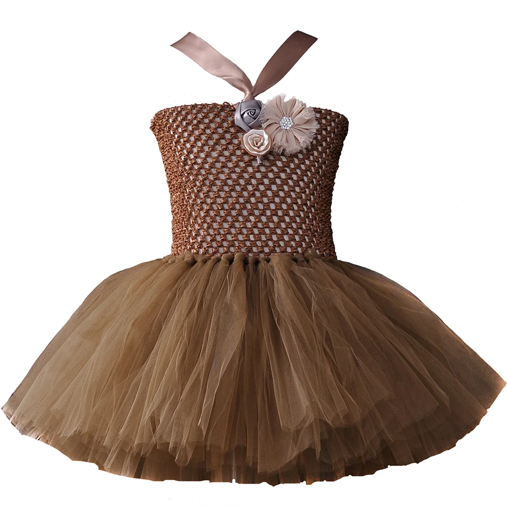 Коричневое платье-пачка с цветочным узором для маленьких девочек, пушистое детское платье ручной работы для дня рождения, танцевальное бальное платье для девочек, детский костюм на Хэллоуин
