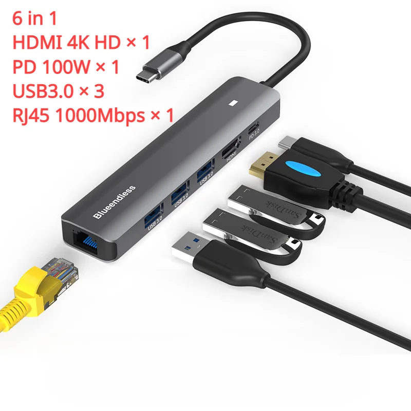 USB-концентратор 3,0 Type-C Док-станция HDMI 4K HD 1000 Мбит/с 6-в-1 Разветвитель Mac док-станция для Xiaomi Huawei Lenovo Google HP