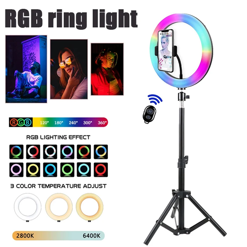 10/12-дюймовый светодиодный кольцевой светильник для селфи RGB, штатив для телефона, подставка для фотосъемки, кольцевой заполняющий светильник, светодиодная цветная лампа в трепетном стиле