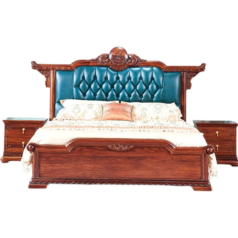 Изготовленная на заказ Новая вилла с однолетними рыбками из массива дерева в китайском стиле, Главная спальня, Роскошная Двуспальная Кожаная кровать, мебель для спальни