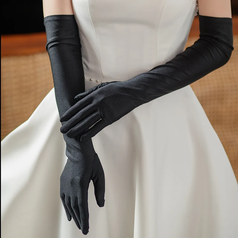 WG068 Элегантные Свадебные Черные перчатки для новобрачных, длинные атласные перчатки для подружек невесты, вечерние перчатки для вечеринок, Женские аксессуары