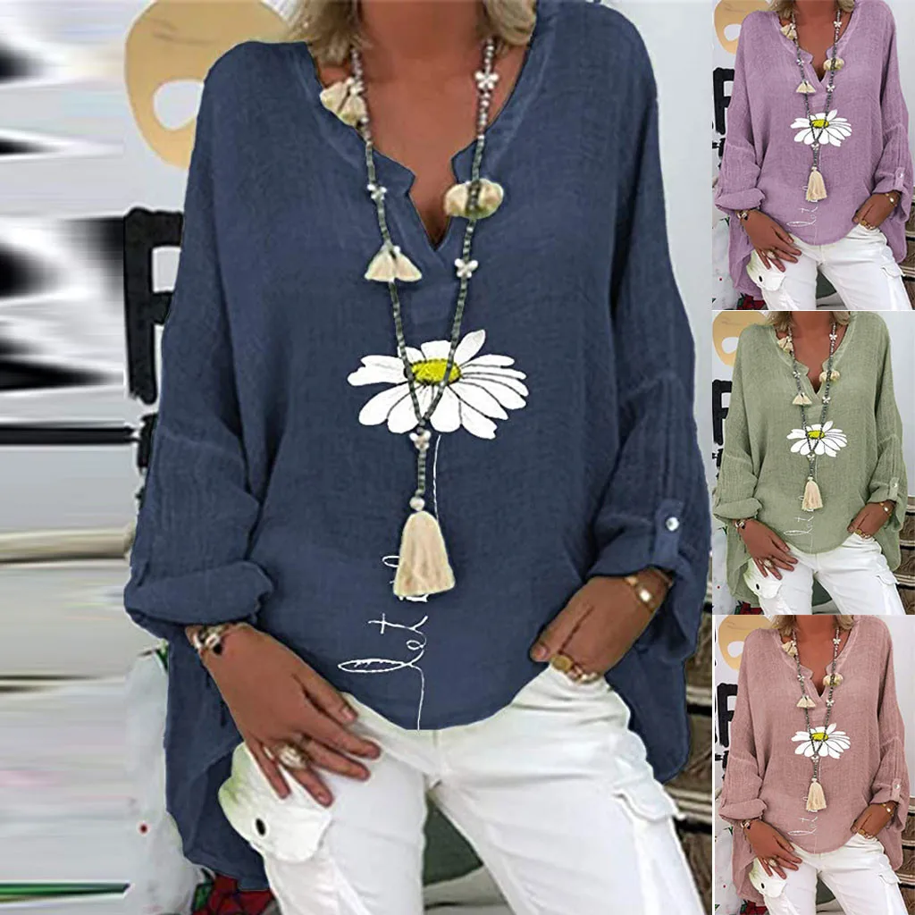 Винтажная блузка с цветочным принтом и длинным рукавом, рубашка 2023, Весенняя мода, пуловер с V-образным вырезом, Топы, Женская осенняя Повседневная Свободная уличная одежда Blusa