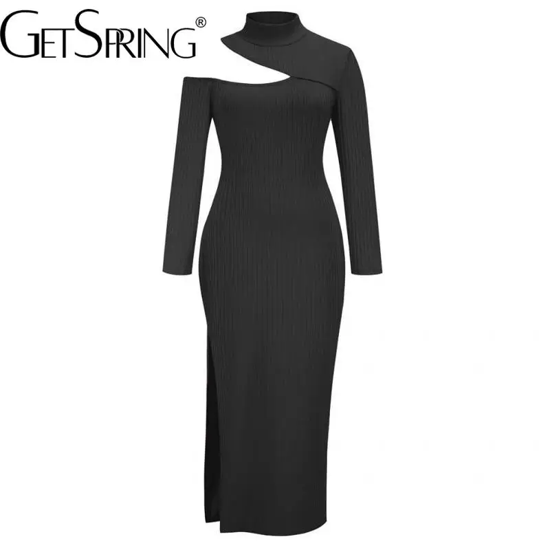 Женское платье Getspring, открытые асимметричные вязаные платья с высоким воротом, нерегулярные осенне-зимние платья с длинными рукавами 2022 г.