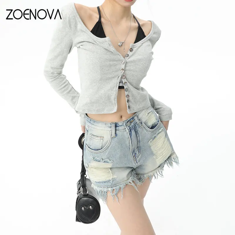 ZOENOVA 2023 Уличная одежда в корейском стиле, сексуальная Женская индивидуальность, светло-голубые выстиранные джинсовые шорты в стиле Cold Drag Sister с бахромой, Y2k