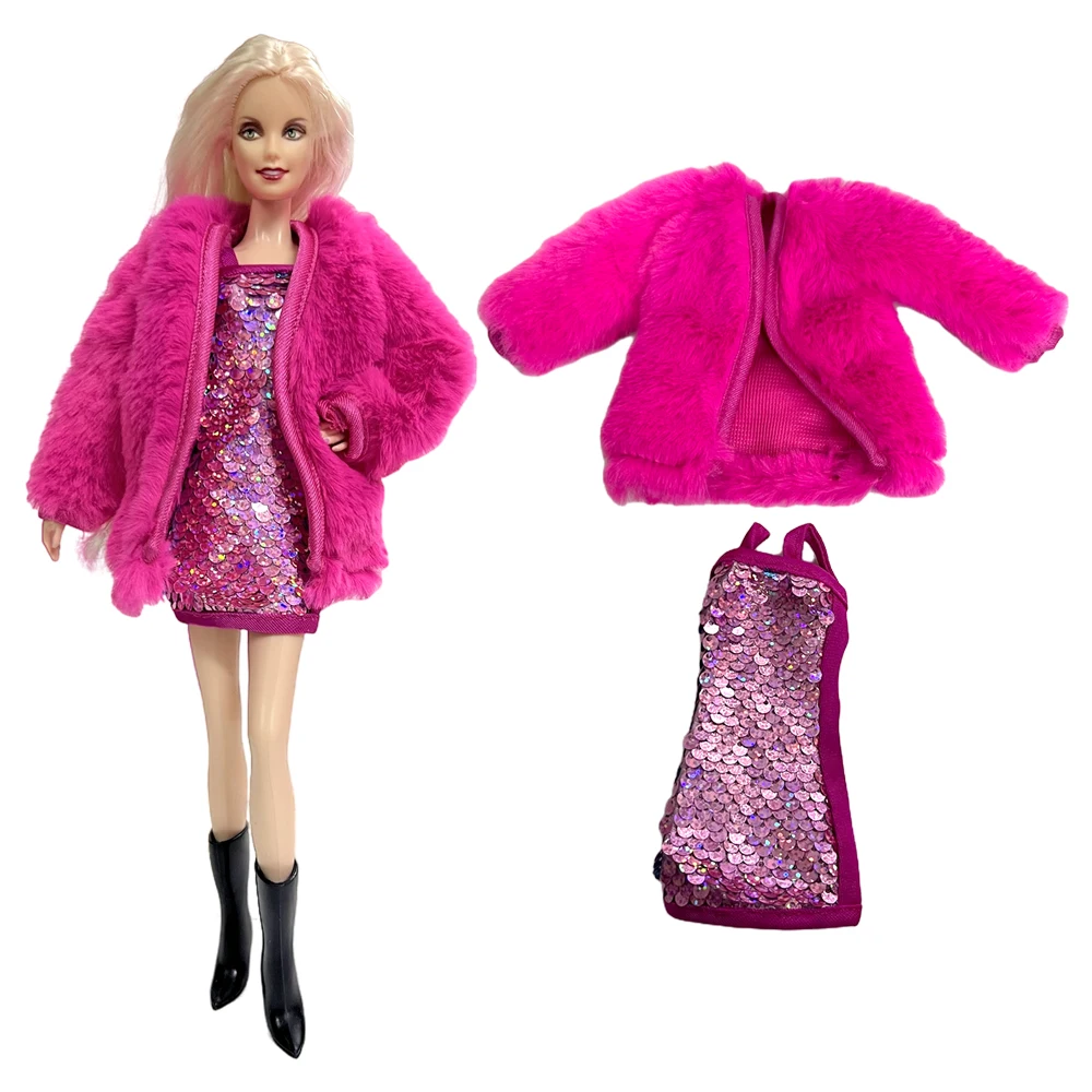 NK 2 предмета/Комплект Розово-красная шуба + Розовое платье для куклы Барби, юбка-халат, Повседневная одежда для куклы 1/6 BJD, Игрушки, аксессуары