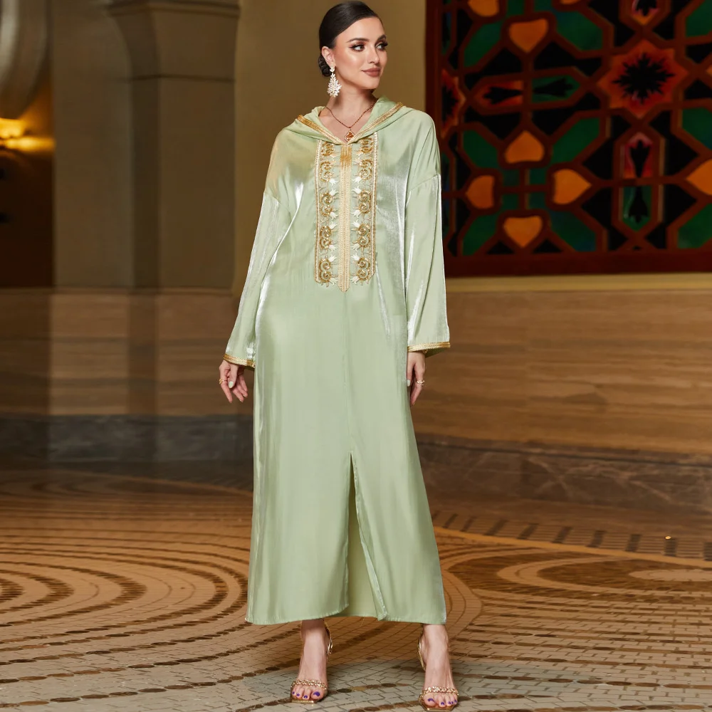 Абайя Для женщин, Джеллаба Муслин, Дубайский женский халат с капюшоном, Золотисто-светло-мятно-зеленый Халат с кружевной вышивкой из бисера, Арабский халат