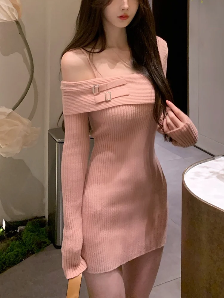 2023 Осенний вязаный свитер, Женское повседневное Элегантное цельное платье, Корейское Офисное мини-платье Y2k, Женское шикарное