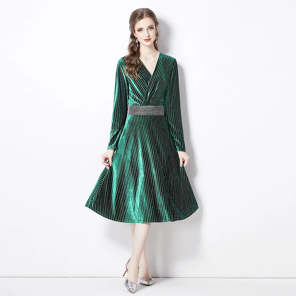 Дизайнерское бархатное вечернее платье с круглым вырезом и длинным рукавом, Винтажный принт в полоску, пояс с бриллиантами, Черное, синее, зеленое платье миди M8478