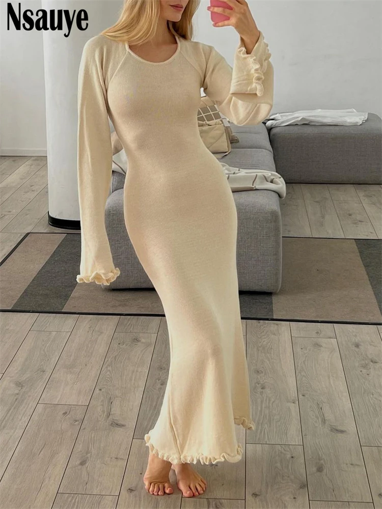 Летнее Макси-платье Nsauye с длинным рукавом для отдыха, повседневное, Сексуальное, Пляжное, 2023 Вязаное платье с открытой спиной, вечеринка, Ночной клуб, Модное платье с запахом