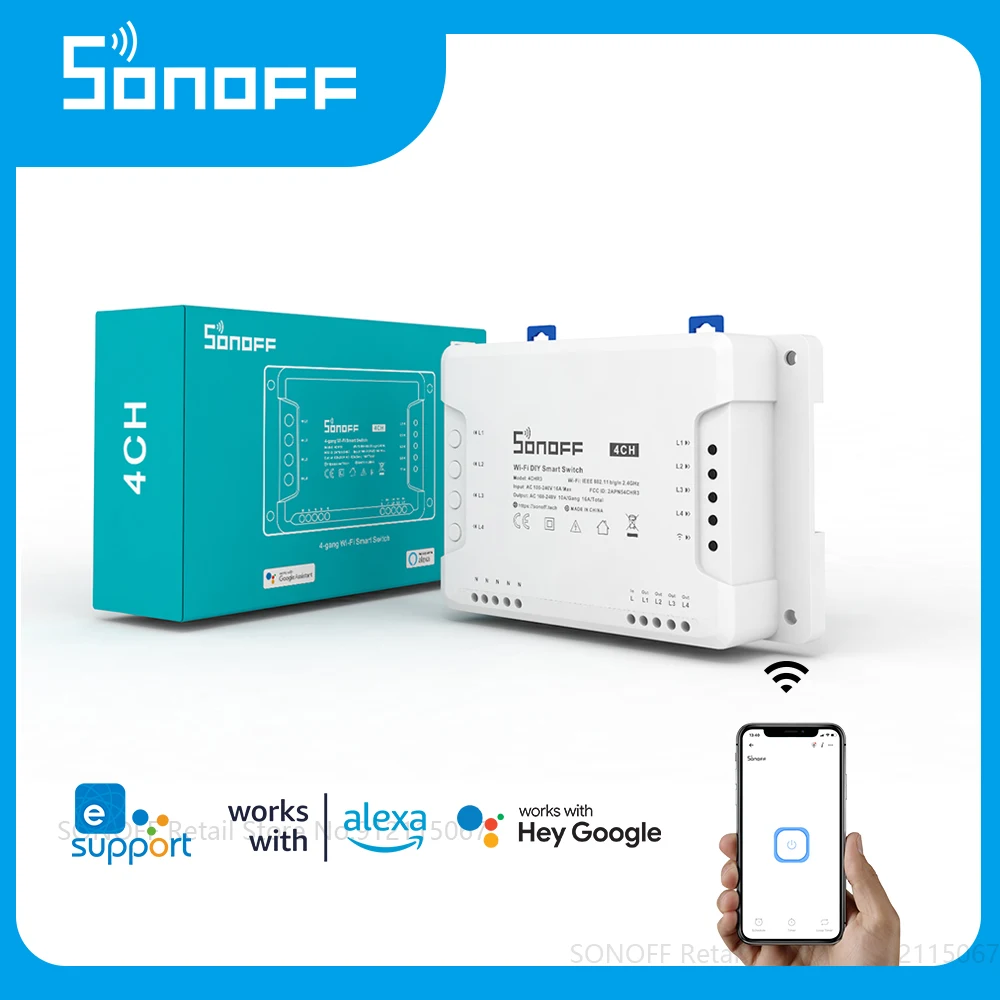 SONOFF 4CHR3 Wifi Контроллер для нескольких устройств Smart Switch 4 Банды Интеллектуальный Переключатель Приложение Дистанционного Управления Работает для Goole Home, Alexa