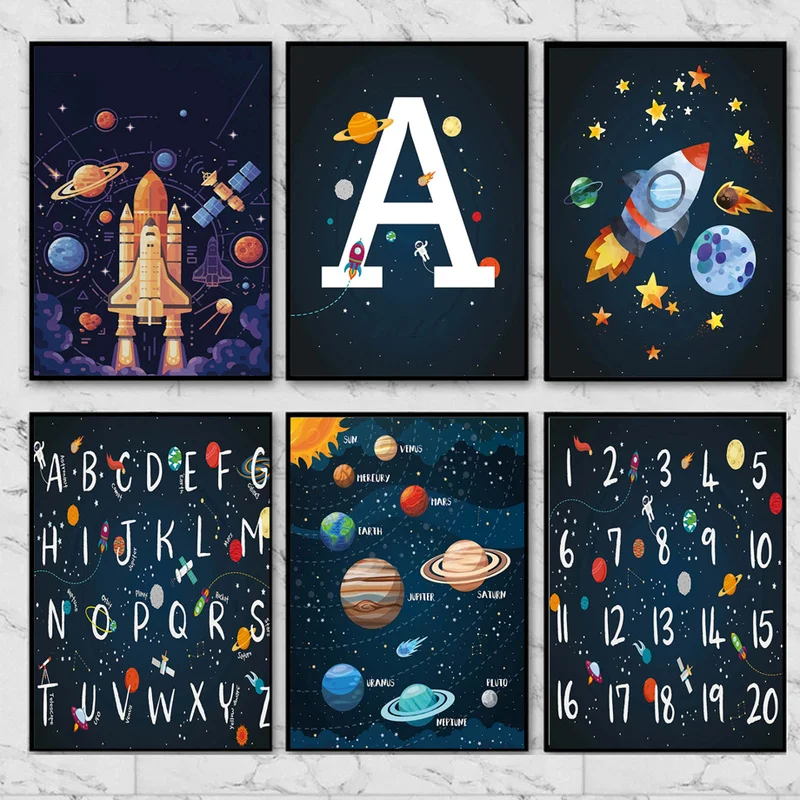 Планеты, Ракета, космический корабль, цифра, буква, картина на холсте, плакат для детской комнаты, настенное художественное изображение для детей, домашний декор для гостиной