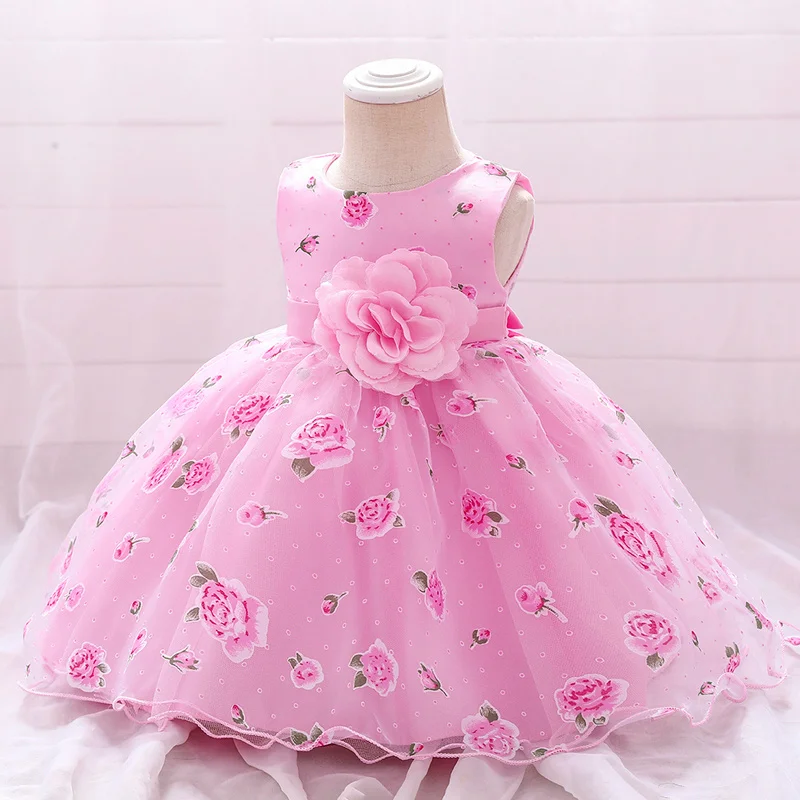 Летнее милое платье для крещения и первого дня рождения в виде большого цветка для маленькой девочки, бело-розовые платья принцессы, праздничное платье, детские костюмы
