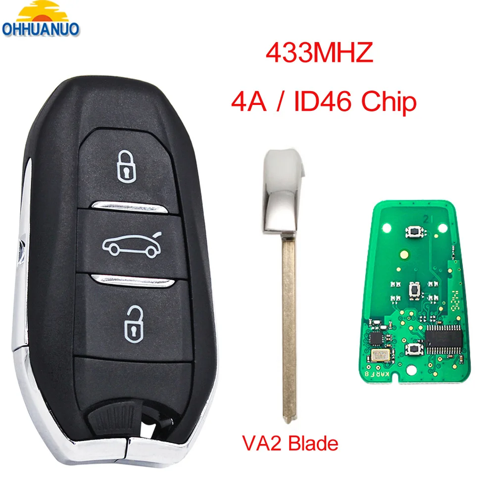 Дистанционный автомобильный ключ Smart Keyless-Go 433 МГц 4A/ID46 PCF7953 с чипом для Peugeot 208 308 508 3008- Citroen C4 DS4 DS5 HITAG2 VA2 Blade