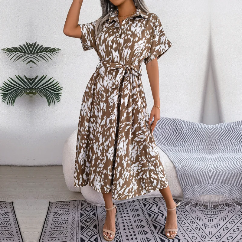 Женское летнее платье DUOFAN, повседневное Свободное леопардовое платье-рубашка на шнуровке для леди, модные универсальные шикарные платья средней длины, новинка 2023 года