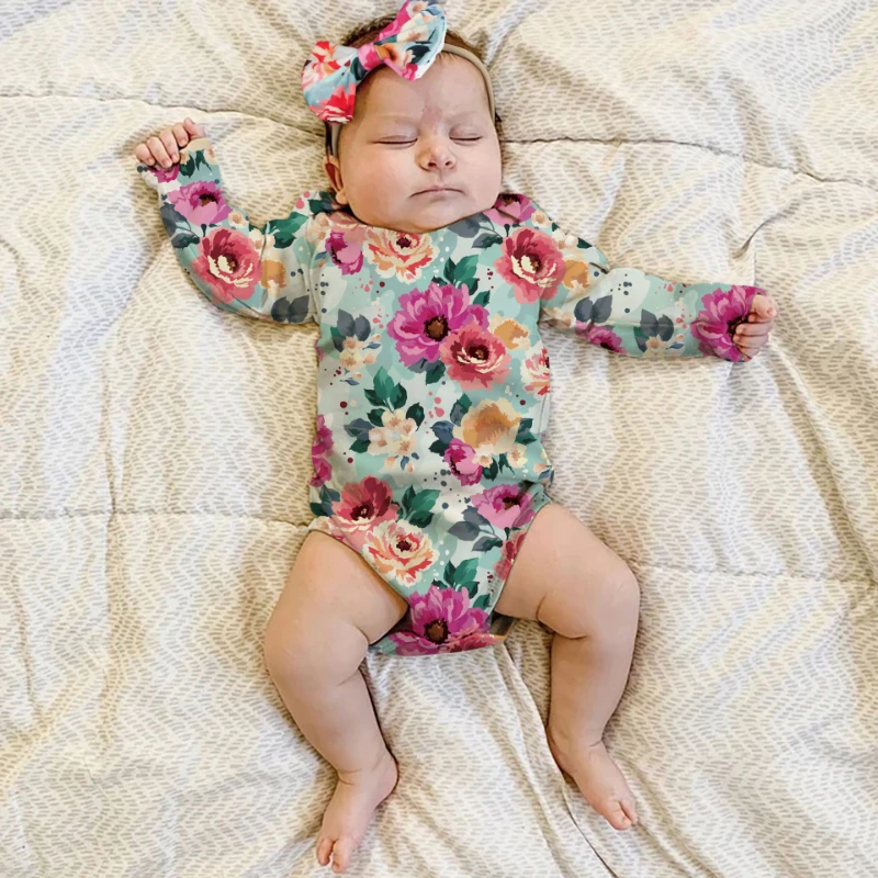 Реквизит для фотосъемки новорожденных, детские ползунки с цветочным принтом + повязка на голову, боди, Милая одежда для фотосессии 0-1 месяцев, комплект из 2 предметов