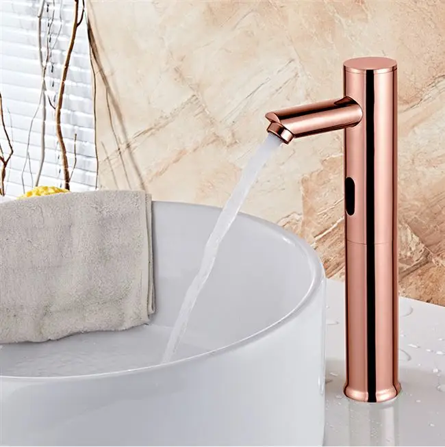 Кран с автоматическим датчиком из розового золота и латуни, установленный на бортике, для умывальника в ванной, Бесконтактный инфракрасный кран, 7 