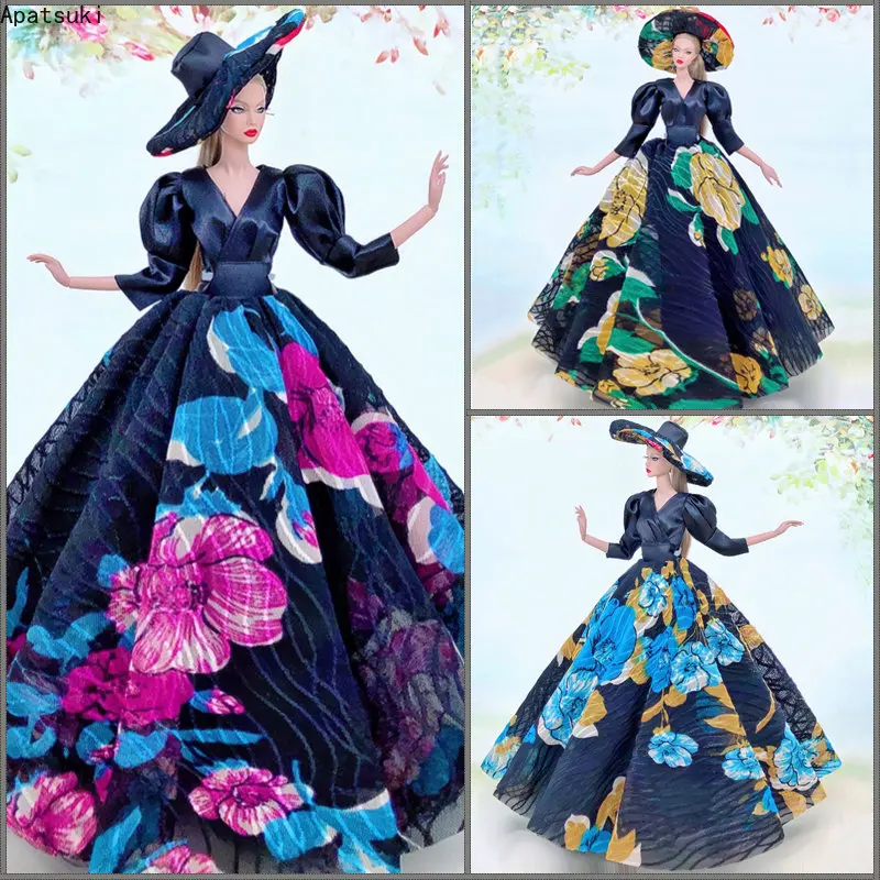 Романтическое черное французское платье в цветочек для куклы Барби, нарядное вечернее платье ручной работы и большая шляпа, аксессуары для кукол 1: 6, детские игрушки