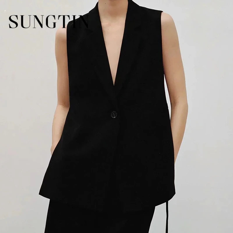Sungtin/ Винтажные однотонные жилеты с дырочками на шнуровке, женская летняя мода, черный свободный жилет, жилеты элегантного белого дизайна