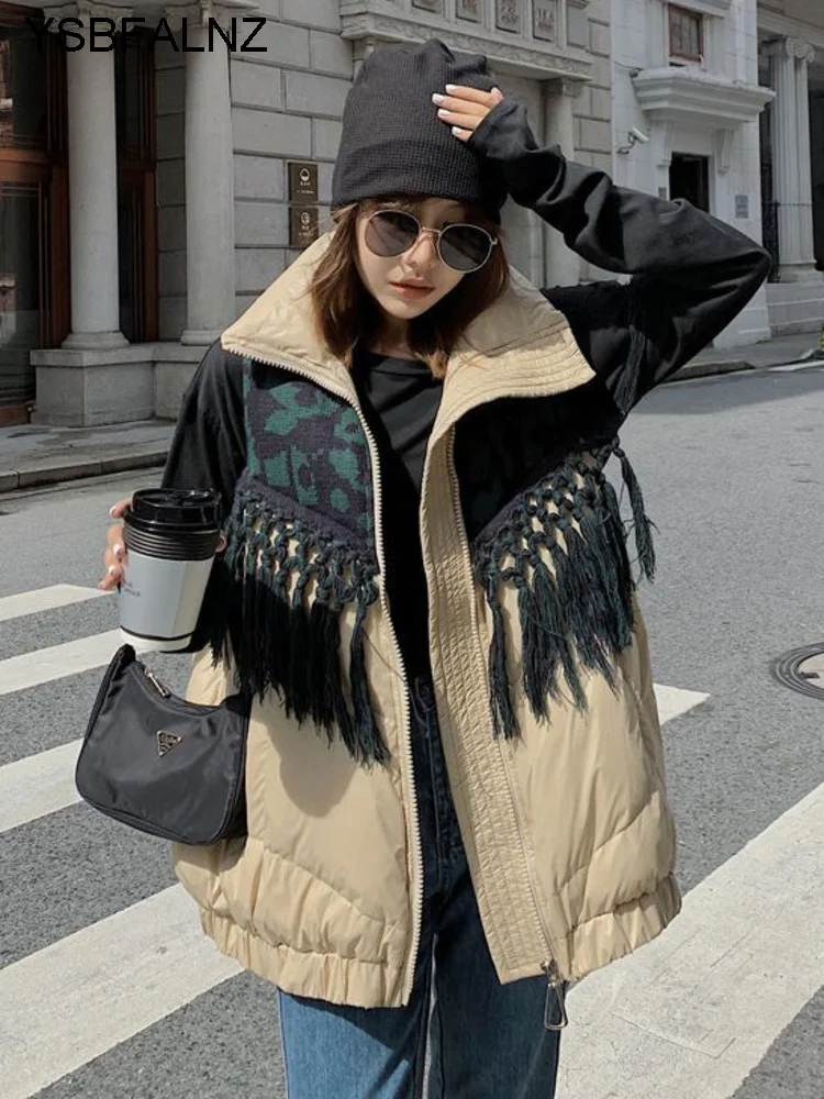 Зимняя куртка Женская 2023 Жилеты Вязаные с кисточками Осенние Свободные пальто в уличном стиле Теплая Корейская Модная одежда