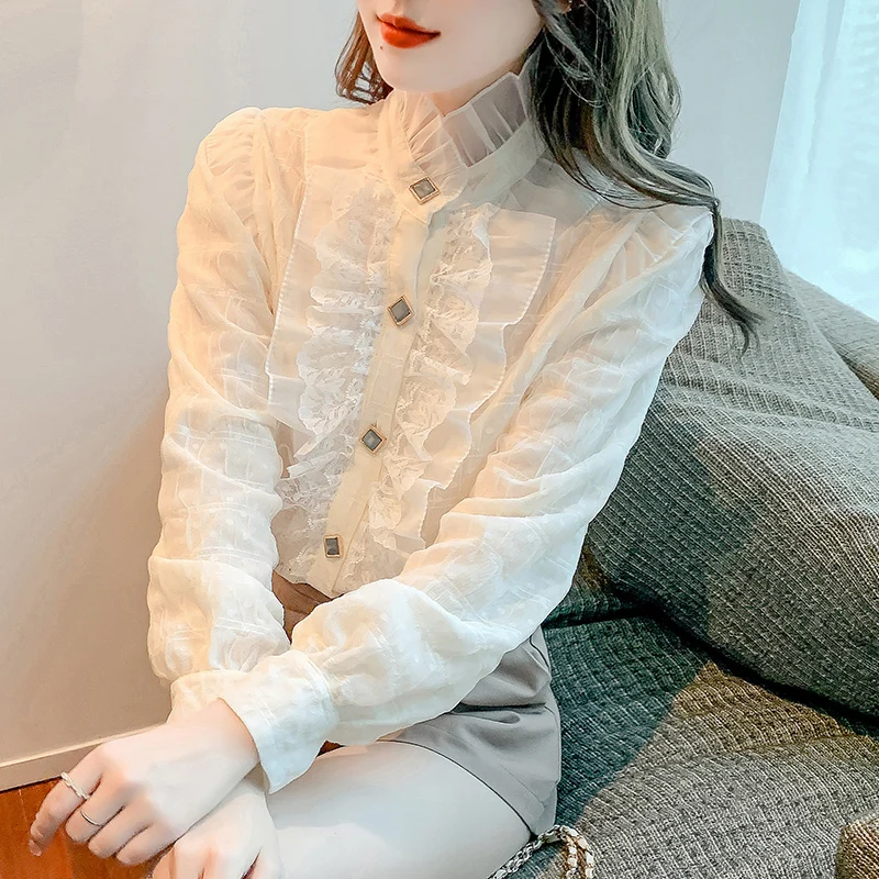 2023 Корейская мода, кружевная шифоновая блузка, Женские элегантные рубашки в стиле пэчворк с оборками, Белые топы с длинными рукавами и воротником-стойкой