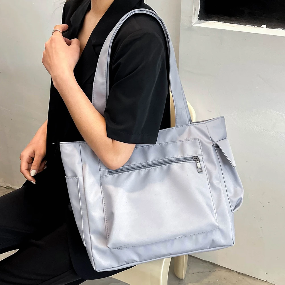 Женская сумка-тоут, эстетичная однотонная Подростковая повседневная сумка, сумка через плечо, нейлоновая сумка многоразового использования, женская пляжная сумка для покупок большой емкости