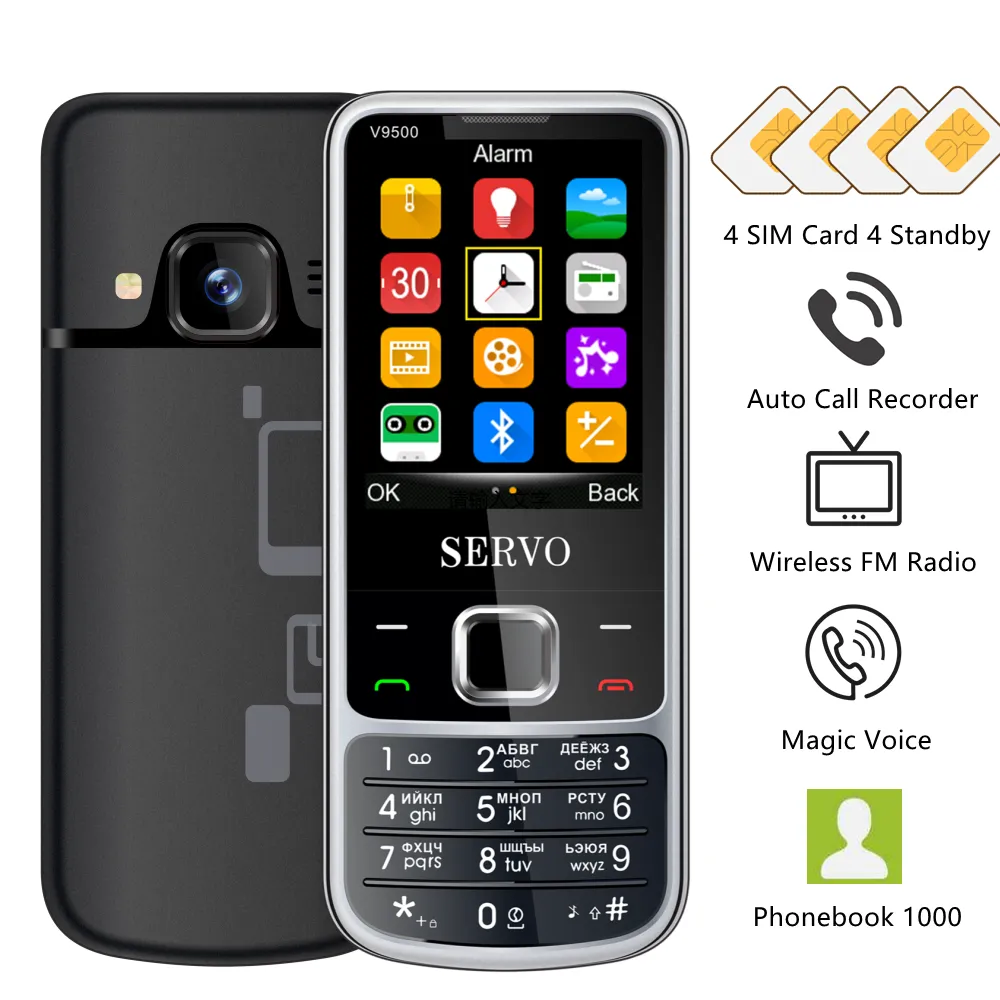 SERVO V9500 4 SIM-карты Мобильного телефона Автоматический регистратор вызовов Быстрый набор Magic voice Телефонная книга 1000 FM-радио Мобильные телефоны с экраном 2,4 дюйма