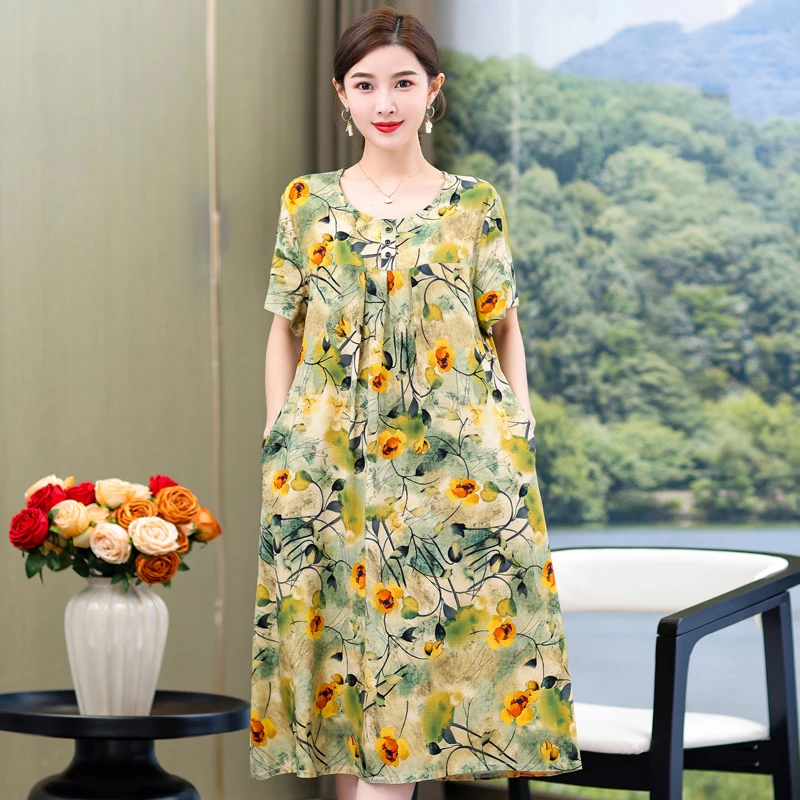 Элегантные платья с цветочным рисунком для женщин, лето 2023, Новое длинное платье с коротким рукавом и винтажным принтом, Свободная Корейская одежда оверсайз