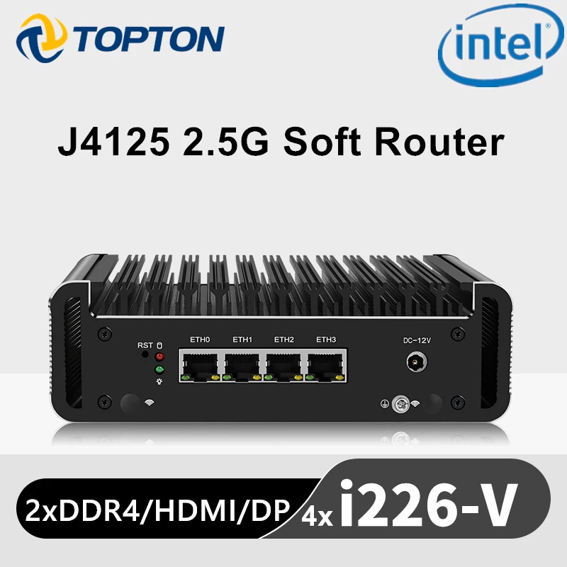 Маршрутизатор Celeron J4125 2.5G 4x Intel i226-V 2500 M LAN 2xDDR4 HDMI1.4 DP1.2 Безвентиляторный Мини-ПК OPNsense Firewall Appliance VPN-сервер