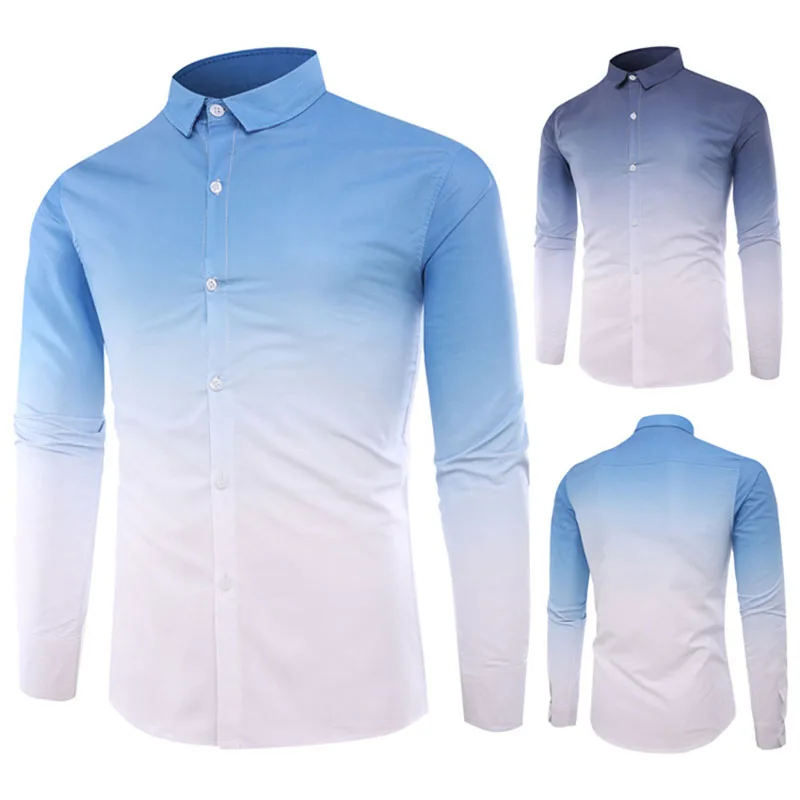 Мужская осенняя модная повседневная рубашка из градиентного хлопка Slim Fit синего цвета с длинными рукавами-манжетами и отложным воротником, мужская верхняя одежда M-4XL