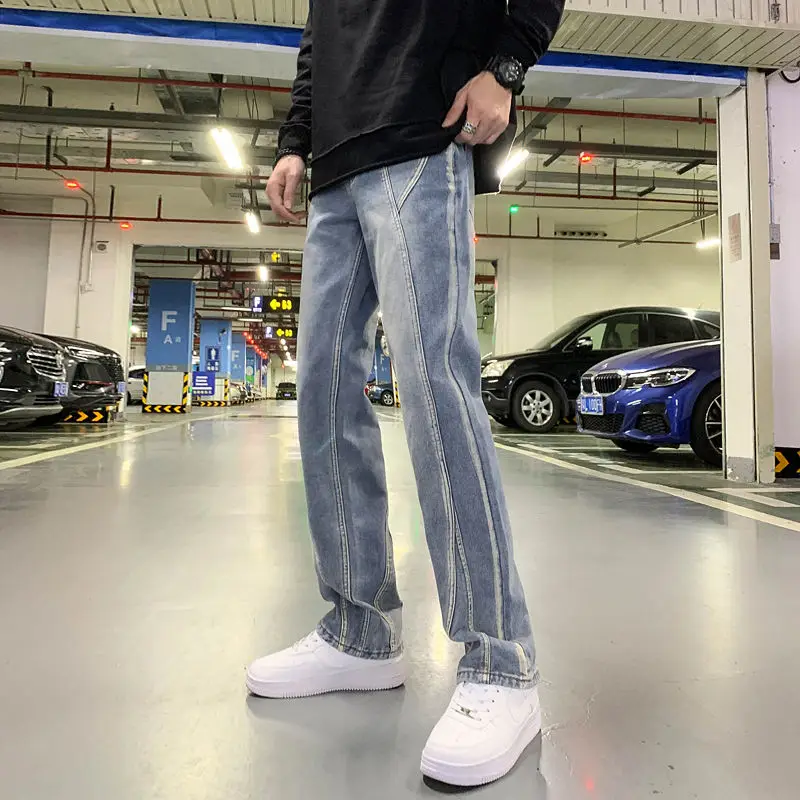 Мужские джинсы Прямые однотонные брюки Корейская мода уличная одежда с высокой талией Винтажные джинсы Solod Color Весна Мужская джинсовая ткань D24