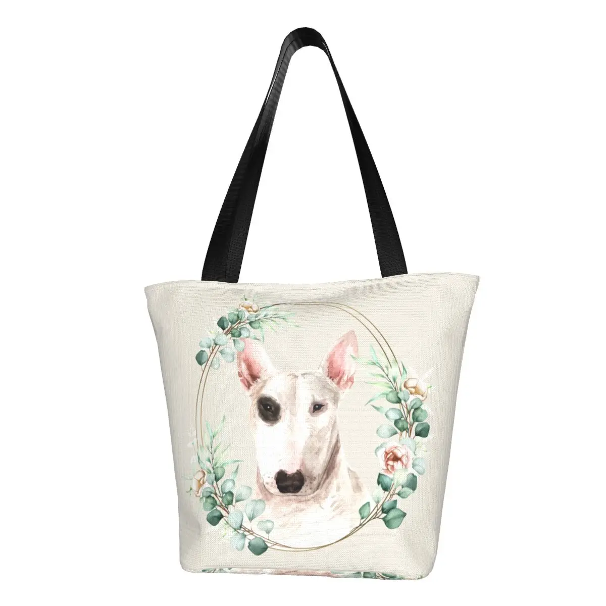 Кавайный бультерьер в цветочном золотом венке, сумка для покупок, многоразовая холщовая сумка для покупок для любителей домашних животных, сумка для покупок через плечо