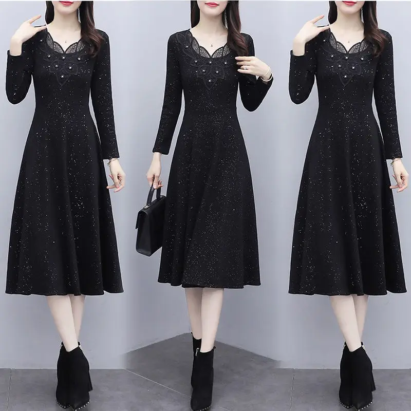 Женское осеннее платье 2023, новое сексуальное платье с V-образным вырезом и длинным рукавом в стиле пэчворк, черные платья Макси с высокой талией, вечерние Vestidos Y946