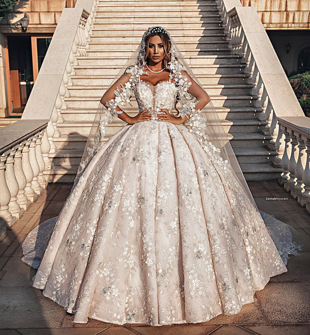 Роскошные свадебные платья с 3D-кружевом и цветочным рисунком, сексуальные аппликации с V-образным вырезом, сшитые вручную, Свадебное платье для новобрачных В Дубае