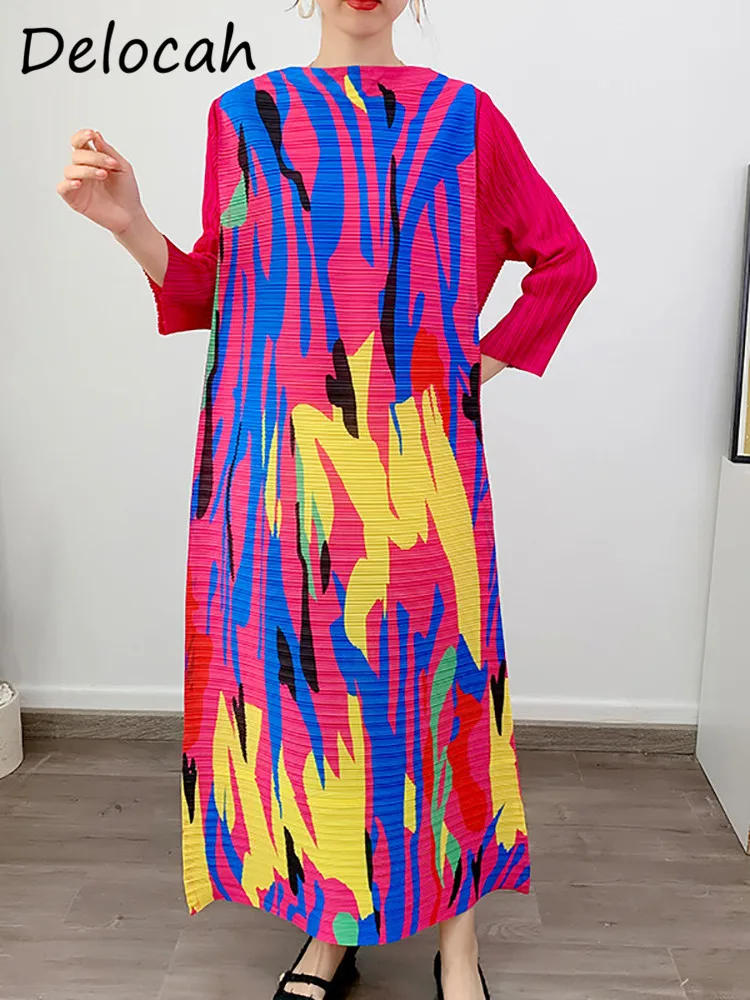 Delocah Высококачественное летнее женское модное дизайнерское длинное платье с цветными блоками и обычной отделкой рукавов, свободные вечерние платья с гофрировкой