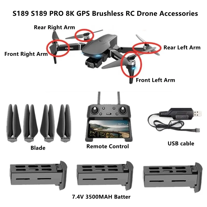 S189 PRO 4K 6K 8K GPS Радиоуправляемый Дрон Запасные Части 7,4 V 3500MAH Аккумулятор Лезвие USB Рычаг С Мотором Для Пропеллера S189 PRO Батарея S189PRO