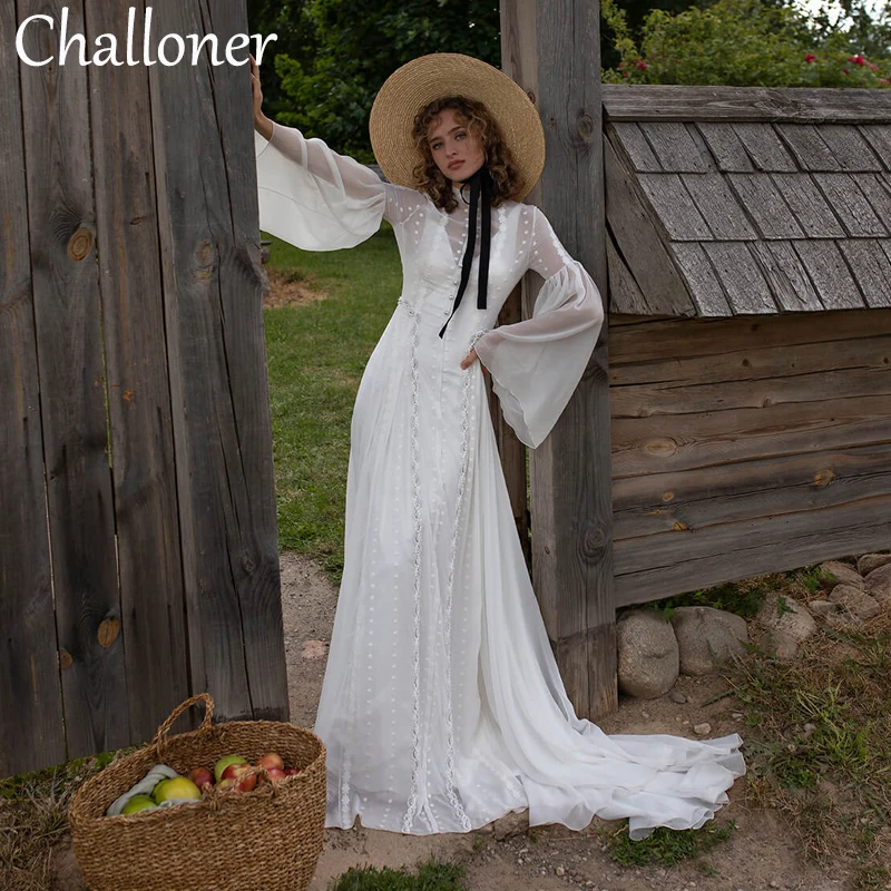Свадебное платье Challoner с высоким воротом, шифон с длинными рукавами для женщин, винтажные аппликации, Vestido de Novia, Придворный шлейф без спинки.