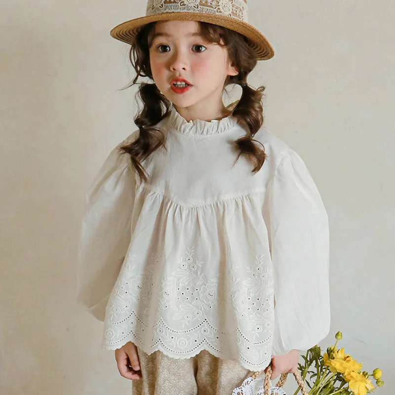 deer jonmi Новинка весны 2023 года, блузки принцессы в корейском стиле для маленьких девочек, топы с пышными рукавами и вырезами, детские милые рубашки