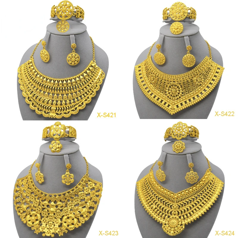 Ювелирные изделия из Дубая, браслет, серьги, колье, кольцо с медным покрытием 24 карат, Женский ювелирный набор, ювелирный набор из четырех предметов