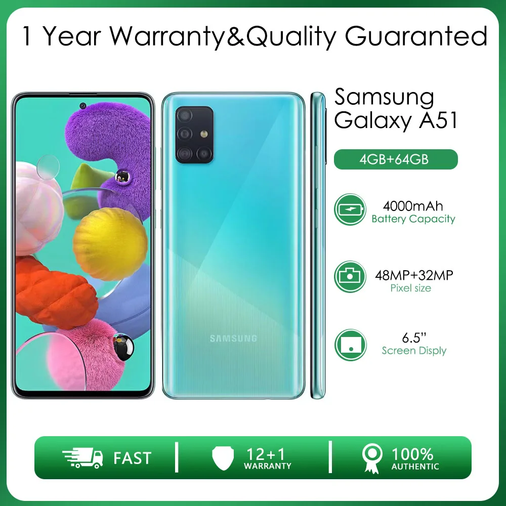 Оригинальный Разблокированный Samsung Galaxy A51 A515F Восьмиядерный смартфон с двумя Sim-картами 4 ГБ оперативной памяти + 64 ГБ 48 МП 6,5 