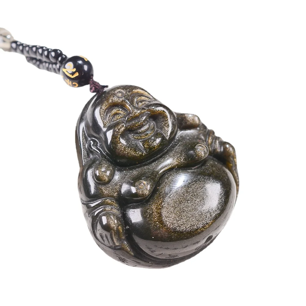 Натуральное Золото, Обсидиан, Кристалл кварца, Резное ожерелье с подвеской Будды Майтрейи