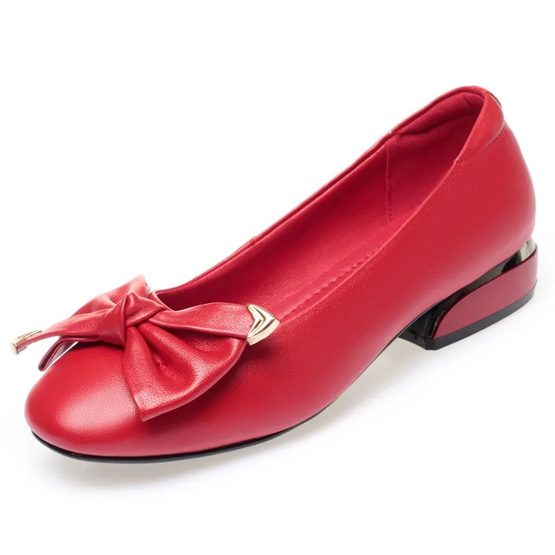 Syflyno / Женская весенняя обувь, Новинка 2023 года, Красные туфли из натуральной кожи на среднем каблуке, Женская обувь с круглым носком и мелким бантом