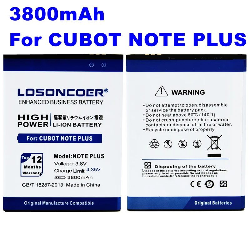 Аккумулятор LOSONCOER 3800 мАч для аккумуляторов CUBOT Note Plus для телефонов